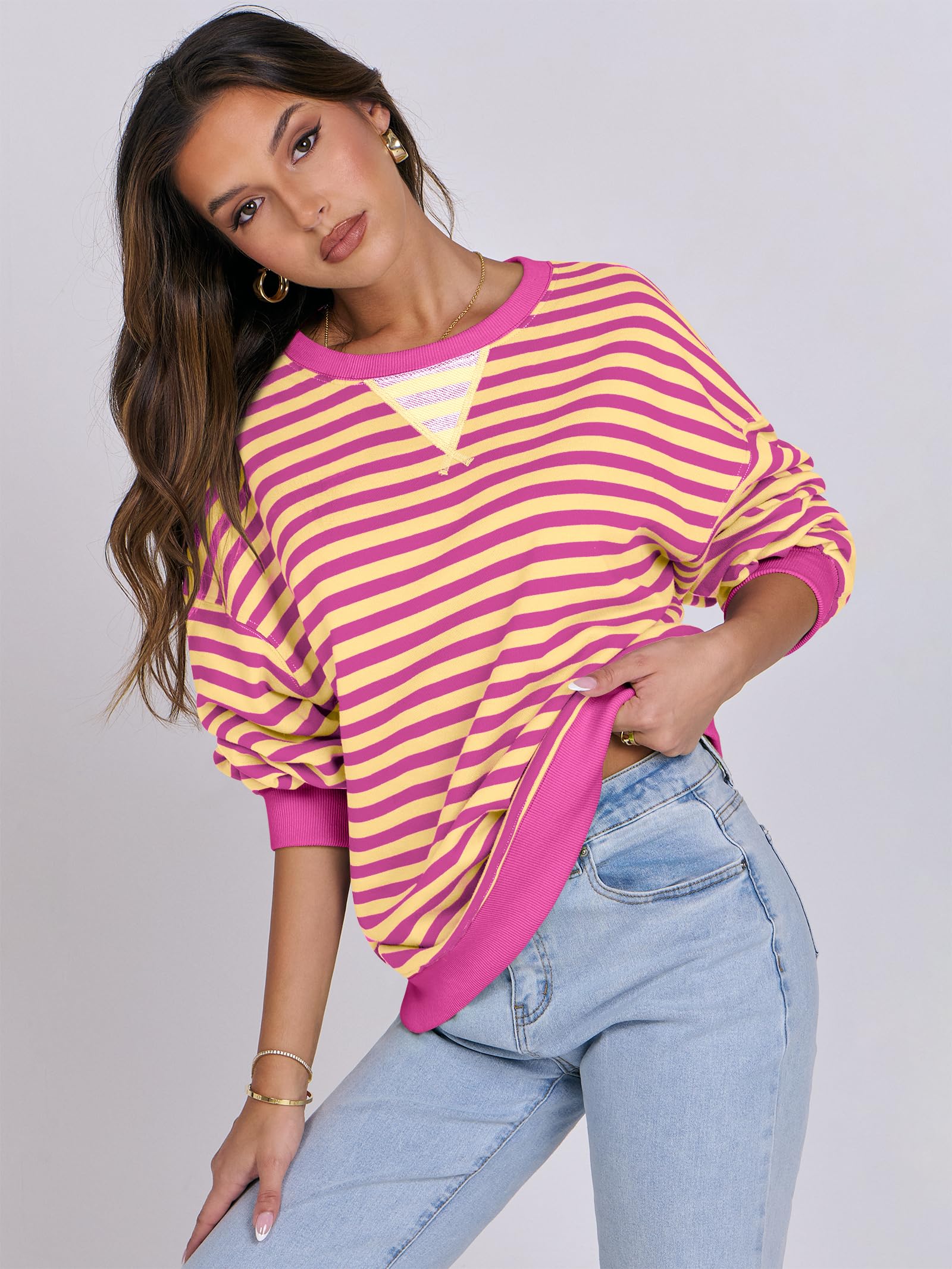Women Striped Oversized Sweatshirt Long Sleeve Crewneck Hoodies Shirts 2024 Fall Pullover Top Trendy Preppy Clothes
