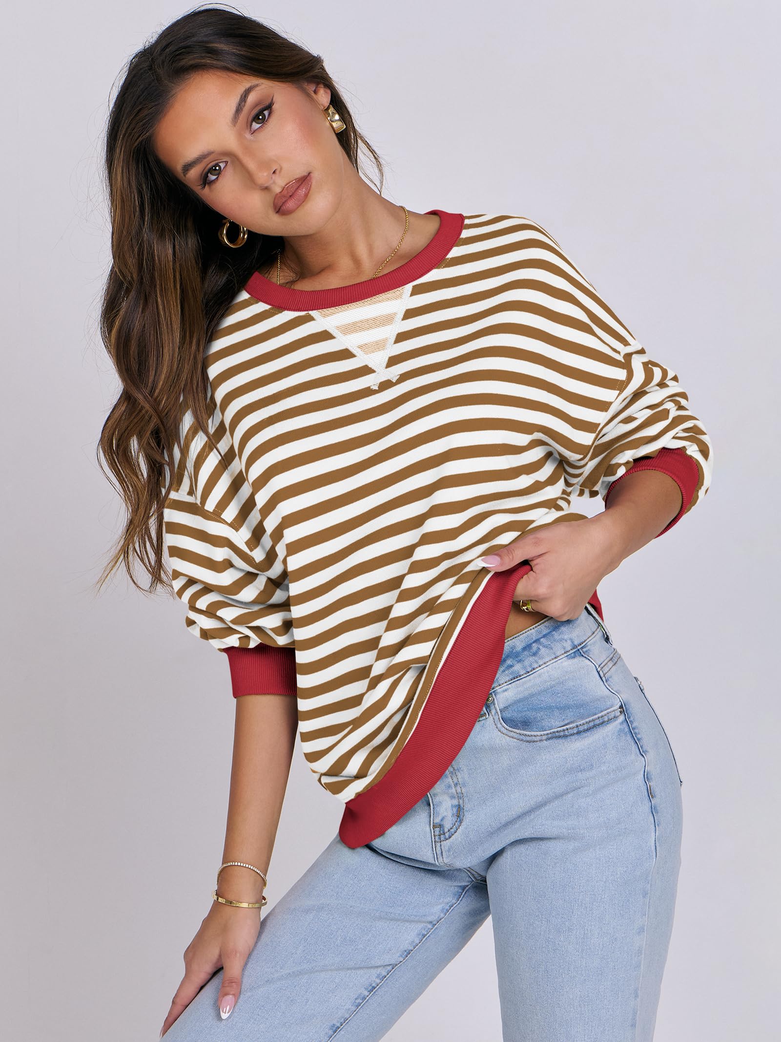 Women Striped Oversized Sweatshirt Long Sleeve Crewneck Hoodies Shirts 2024 Fall Pullover Top Trendy Preppy Clothes