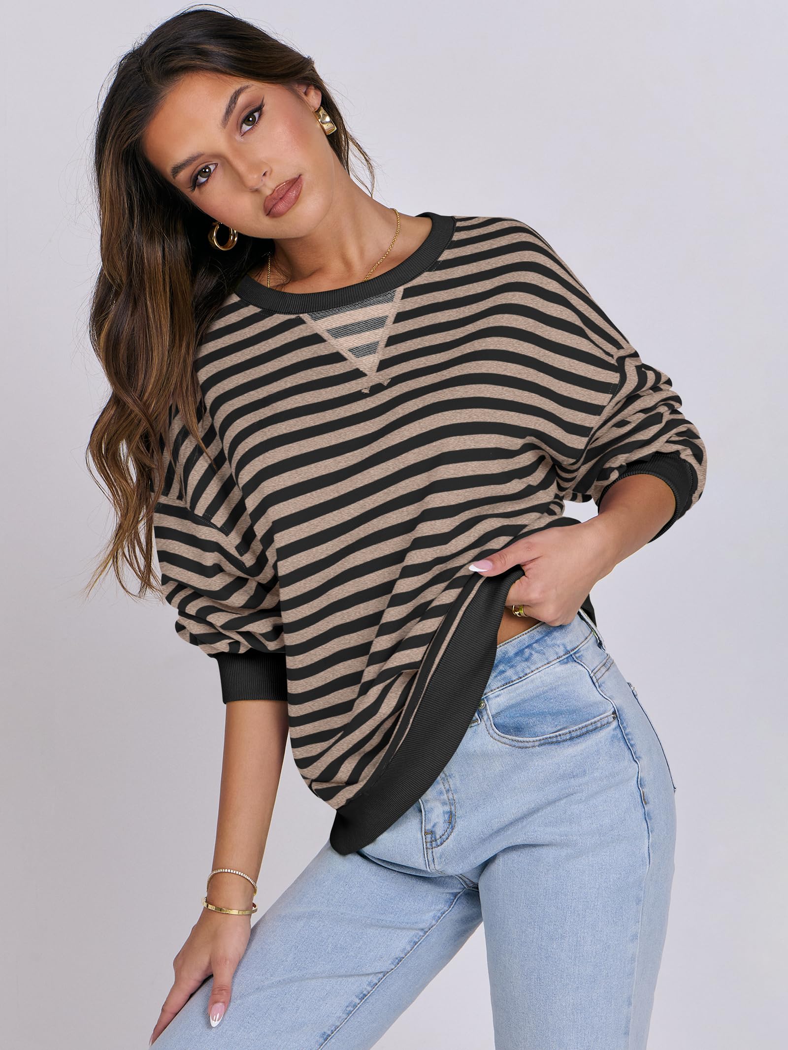 Women Striped Oversized Sweatshirt Long Sleeve Crewneck Hoodies Shirts 2024 Fall Pullover Top Trendy Preppy Clothes