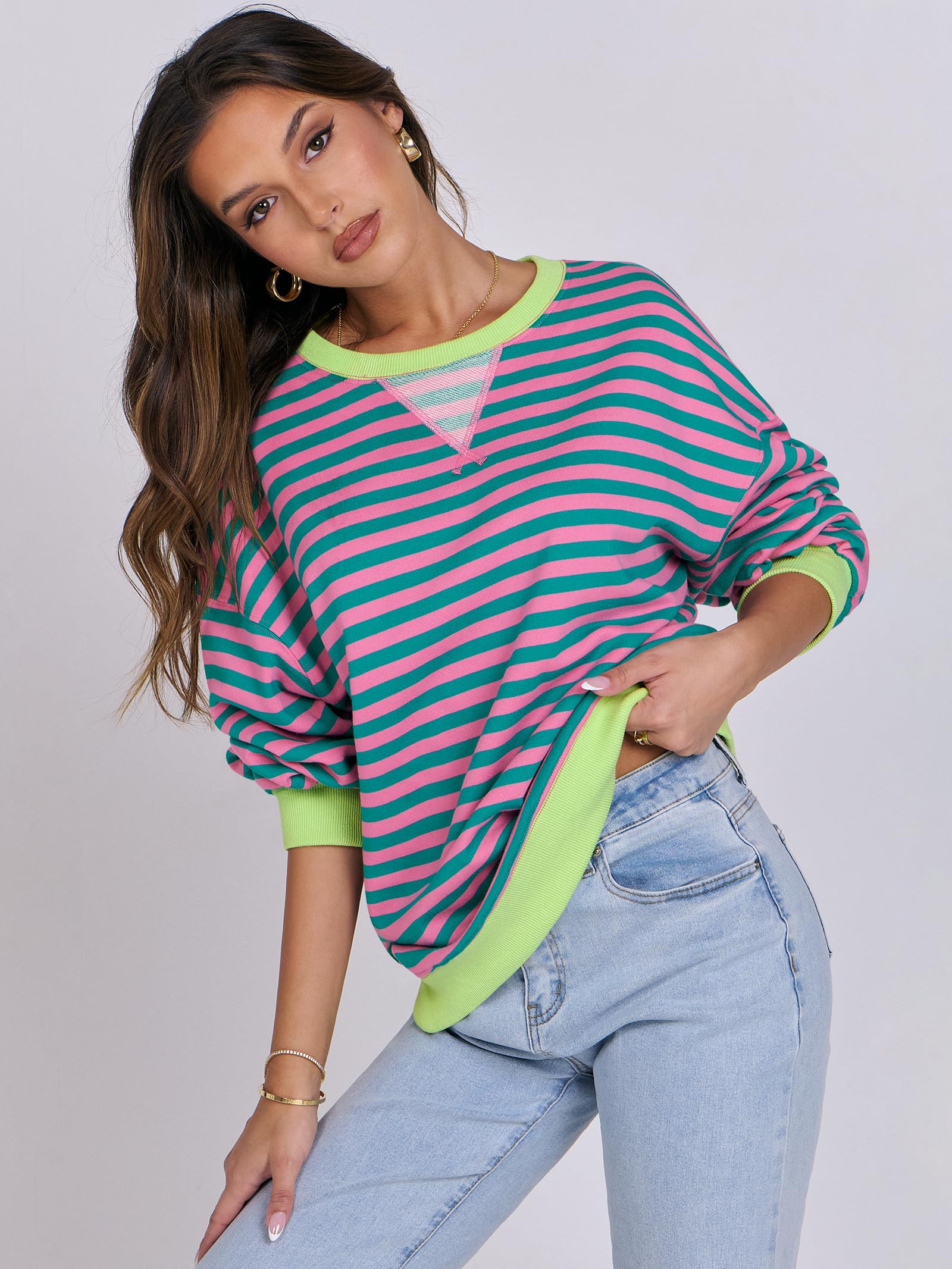 Women Striped Oversized Sweatshirt Long Sleeve Crewneck Hoodies Shirts 2024 Fall Pullover Top Trendy Preppy Clothes