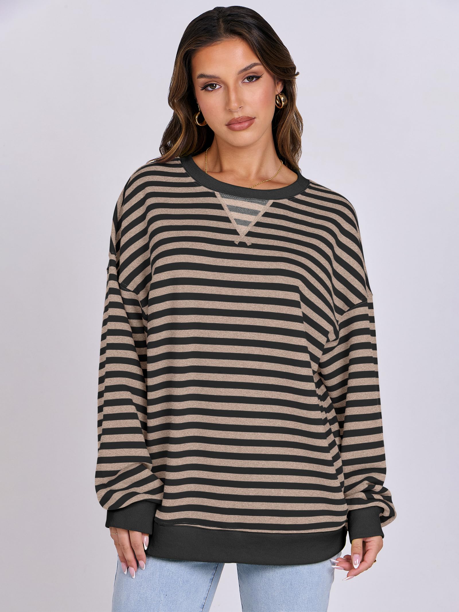 Women Striped Oversized Sweatshirt Long Sleeve Crewneck Hoodies Shirts 2024 Fall Pullover Top Trendy Preppy Clothes
