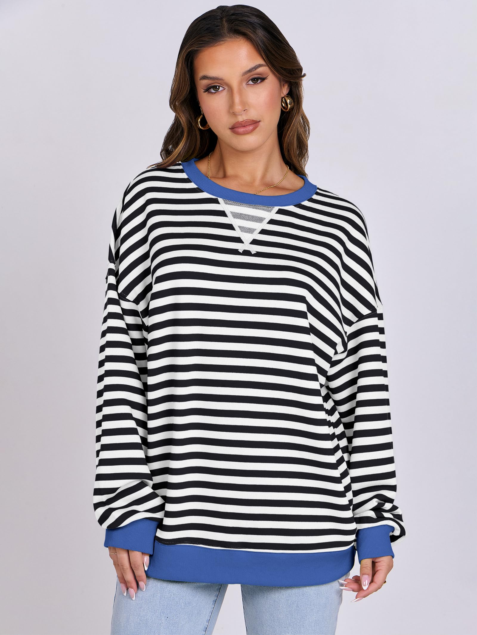 Women Striped Oversized Sweatshirt Long Sleeve Crewneck Hoodies Shirts 2024 Fall Pullover Top Trendy Preppy Clothes