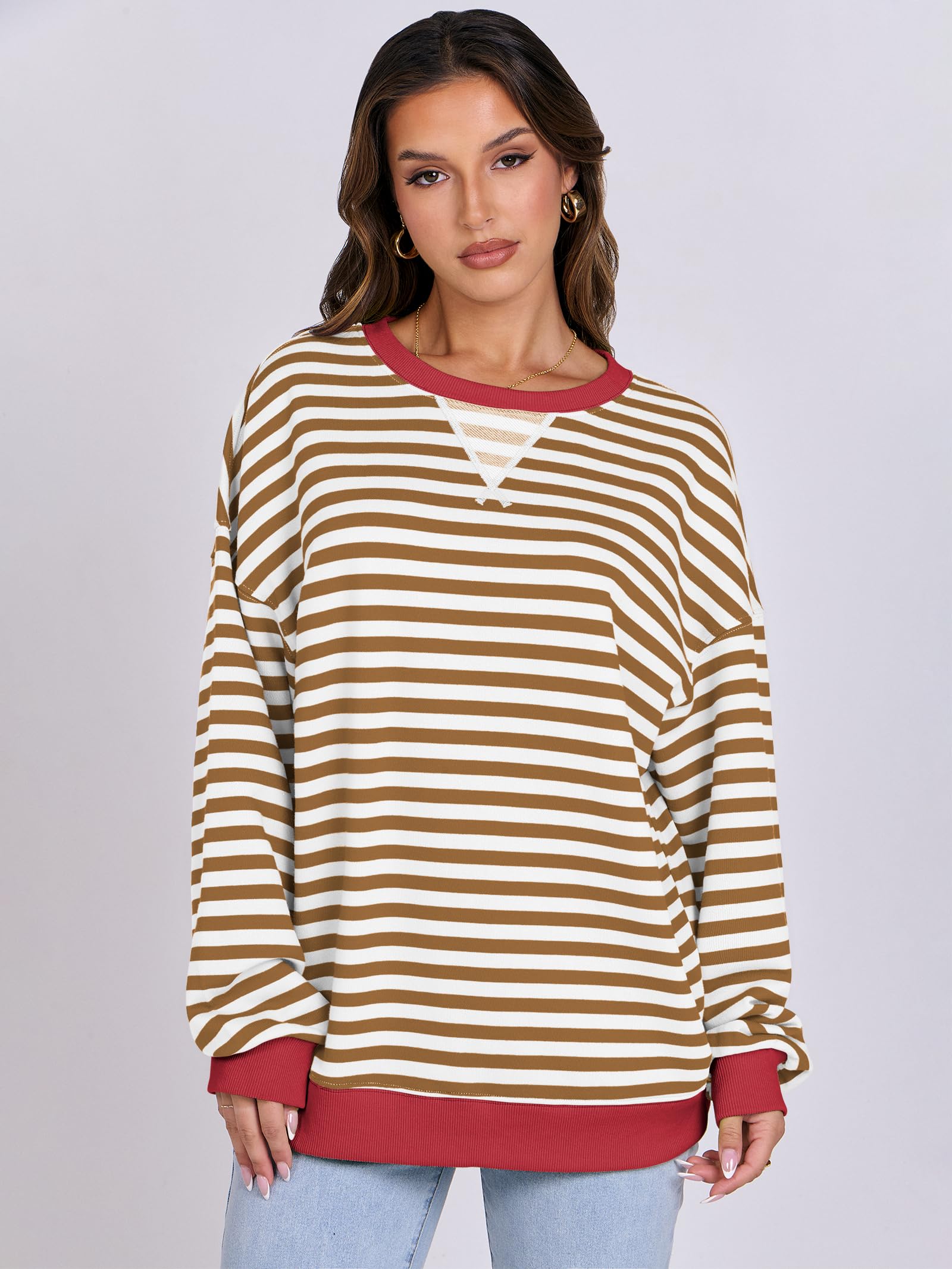 Women Striped Oversized Sweatshirt Long Sleeve Crewneck Hoodies Shirts 2024 Fall Pullover Top Trendy Preppy Clothes