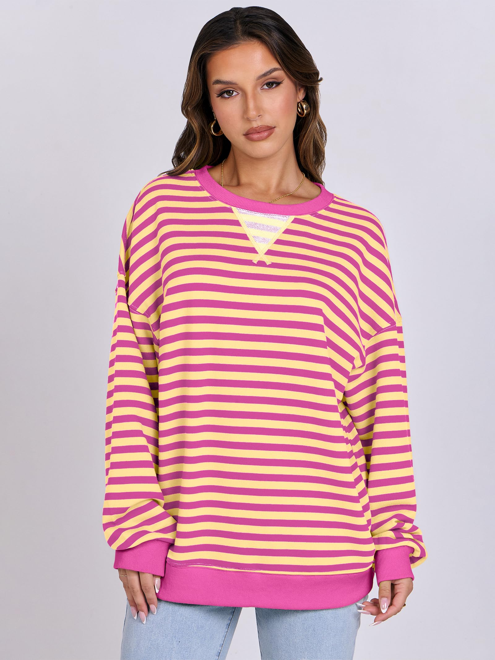 Women Striped Oversized Sweatshirt Long Sleeve Crewneck Hoodies Shirts 2024 Fall Pullover Top Trendy Preppy Clothes