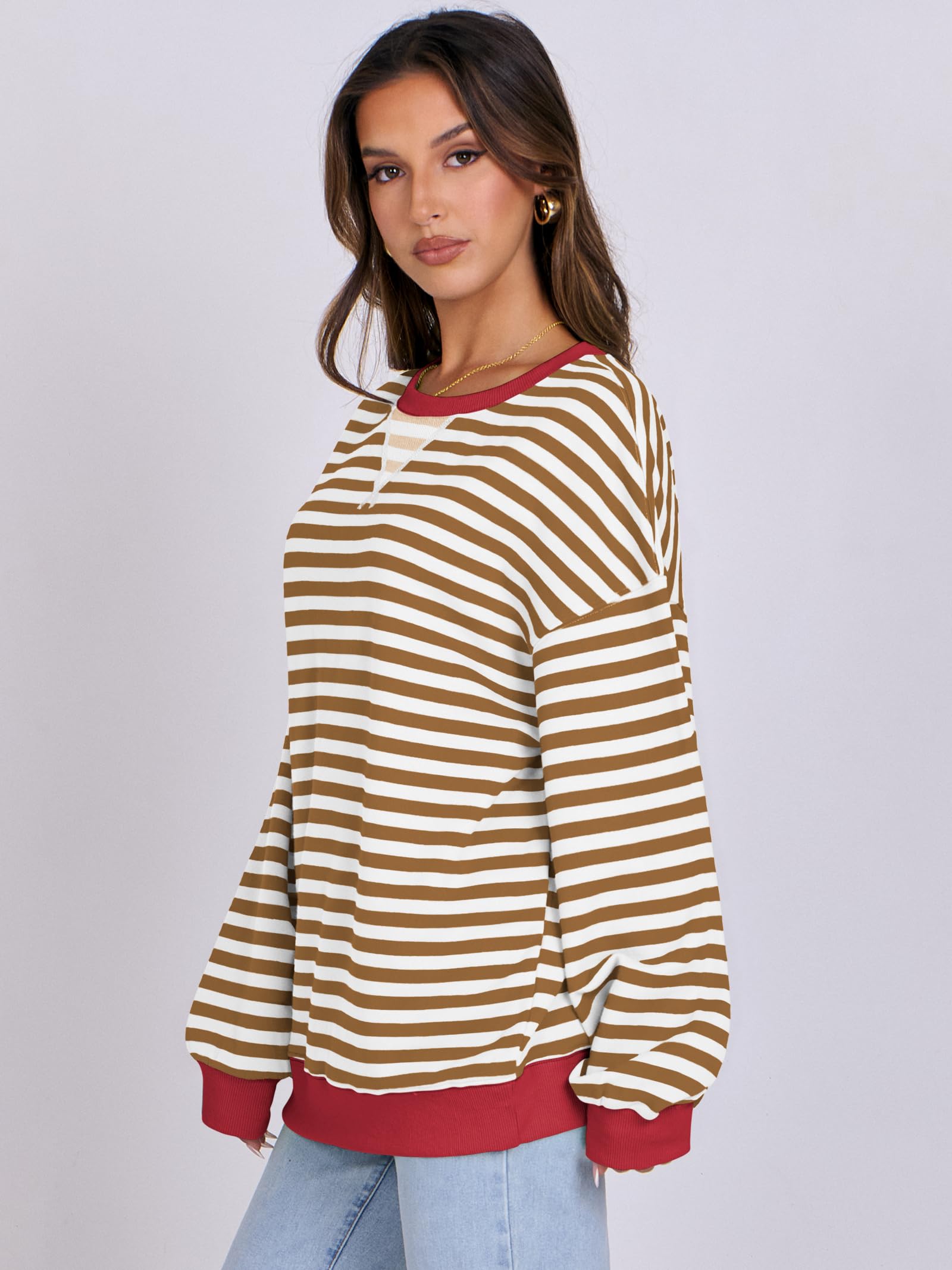Women Striped Oversized Sweatshirt Long Sleeve Crewneck Hoodies Shirts 2024 Fall Pullover Top Trendy Preppy Clothes