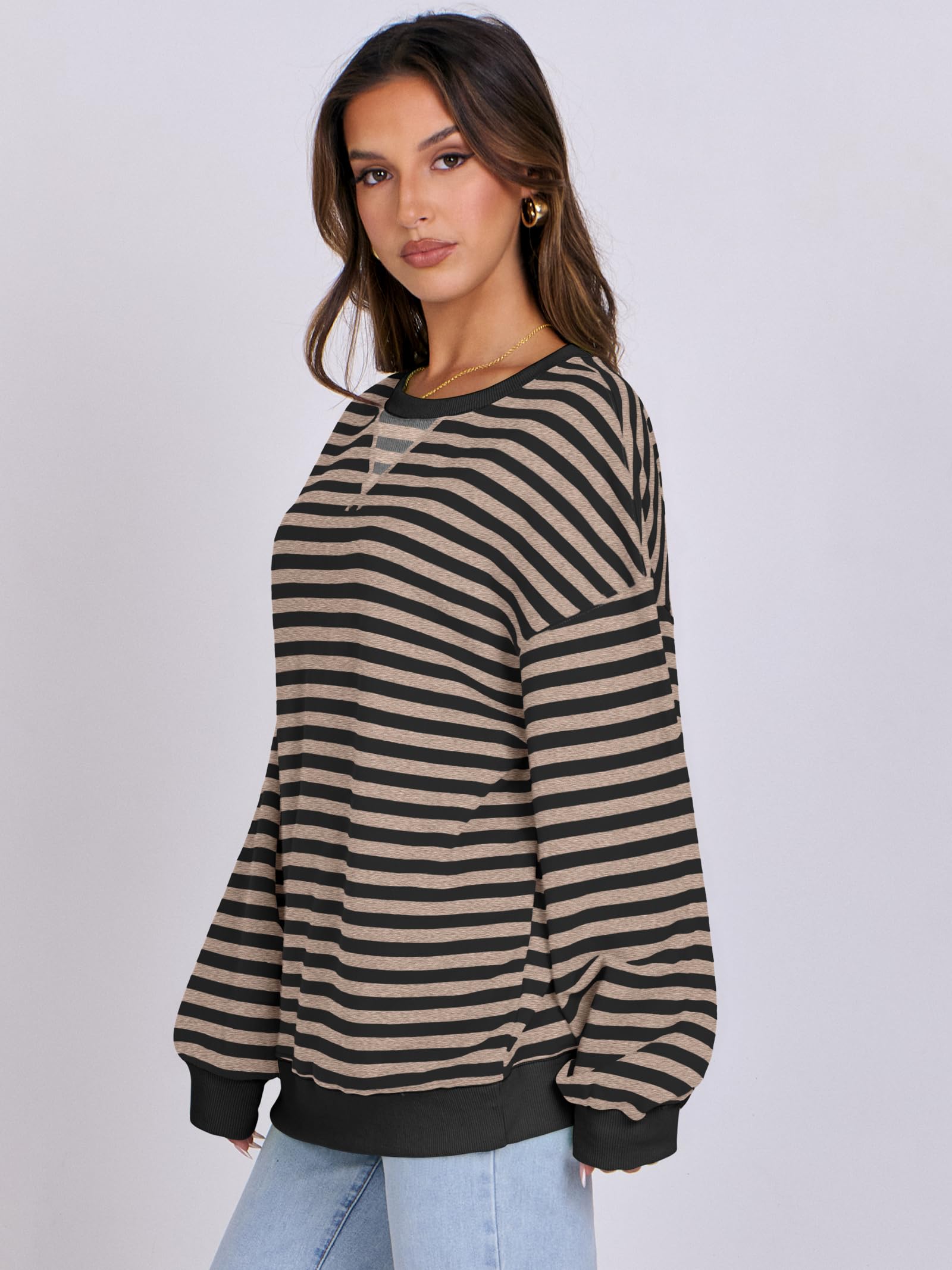 Women Striped Oversized Sweatshirt Long Sleeve Crewneck Hoodies Shirts 2024 Fall Pullover Top Trendy Preppy Clothes
