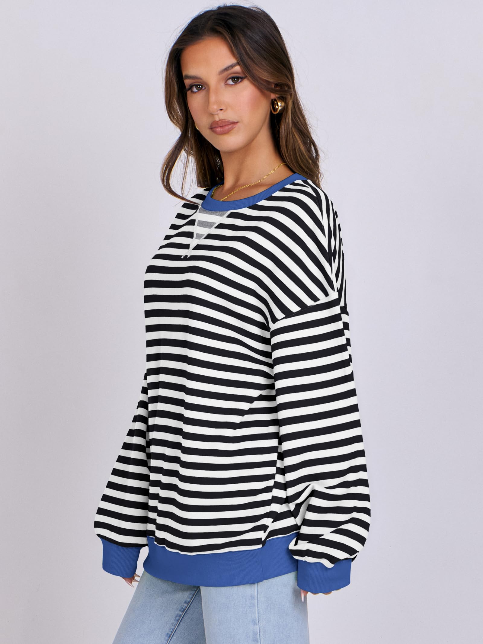Women Striped Oversized Sweatshirt Long Sleeve Crewneck Hoodies Shirts 2024 Fall Pullover Top Trendy Preppy Clothes