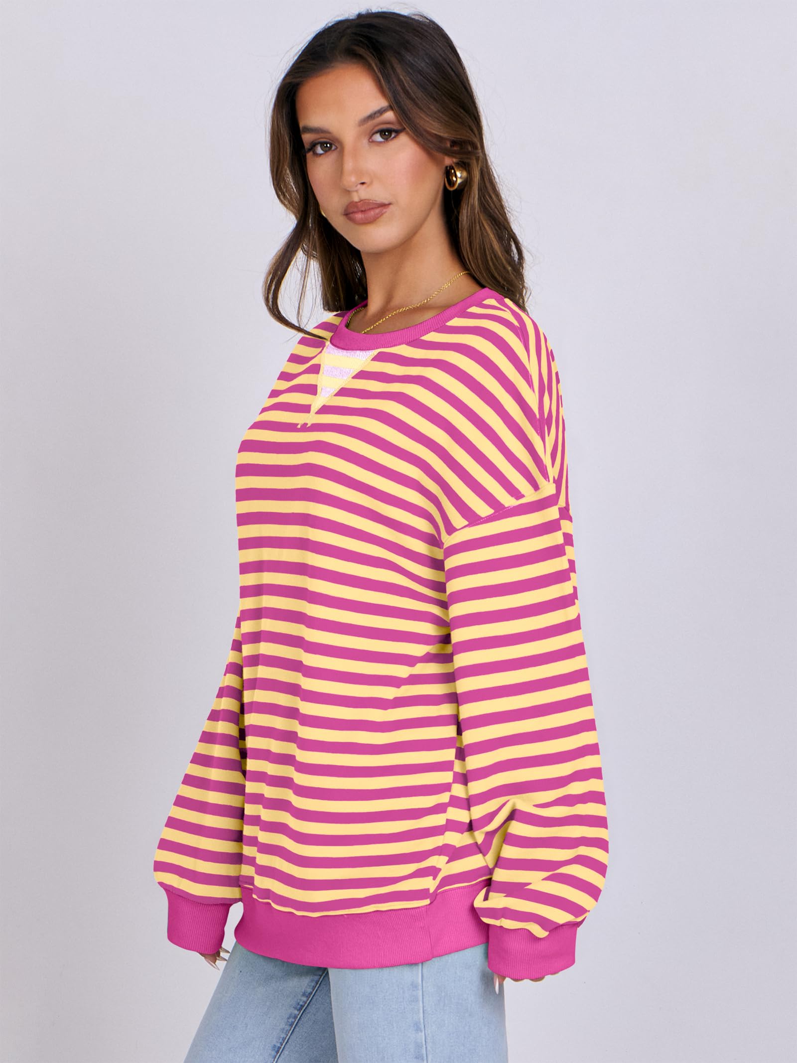 Women Striped Oversized Sweatshirt Long Sleeve Crewneck Hoodies Shirts 2024 Fall Pullover Top Trendy Preppy Clothes
